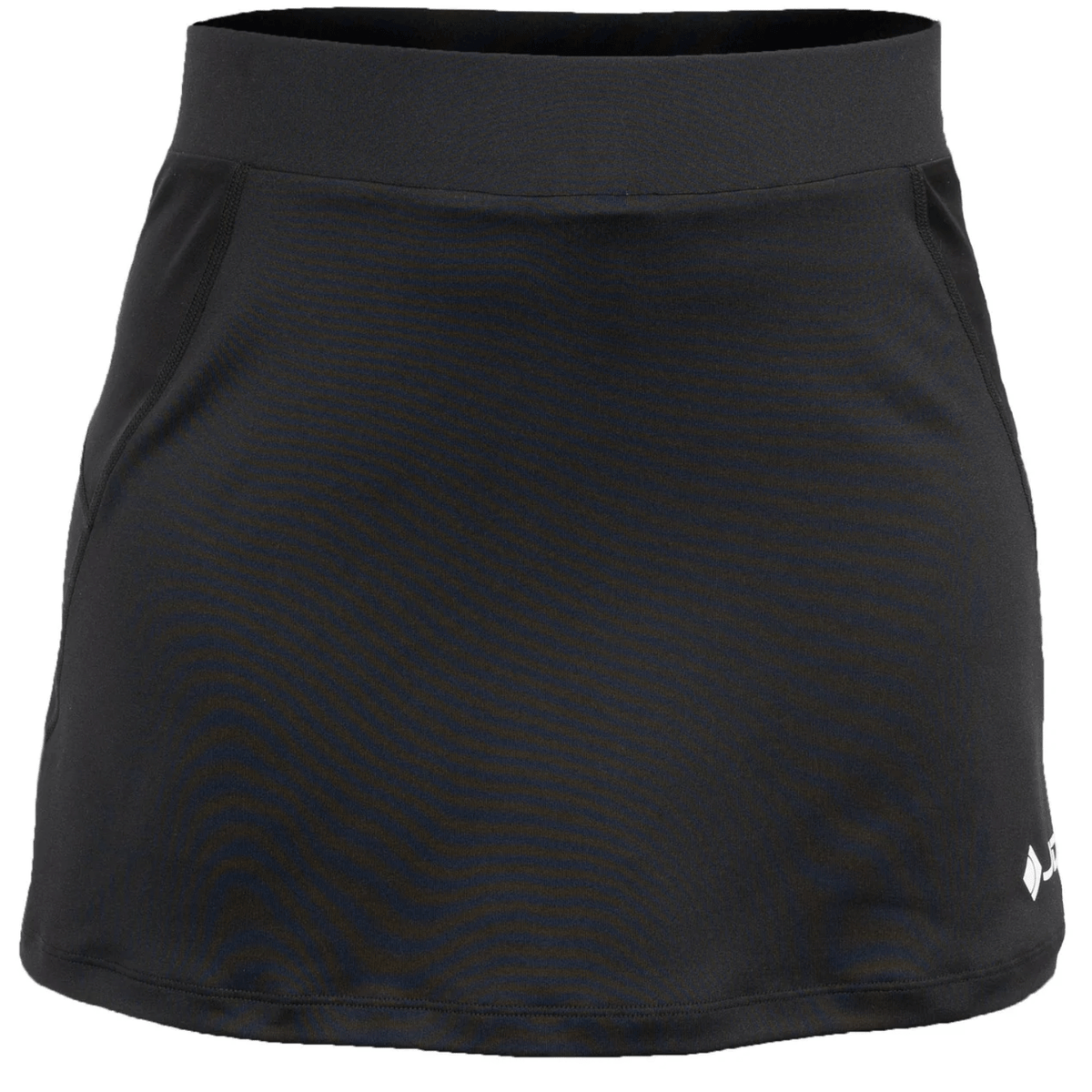 Vooraanzicht van de zwarte JDH Carbon Pro damesrok met brede tailleband en logo