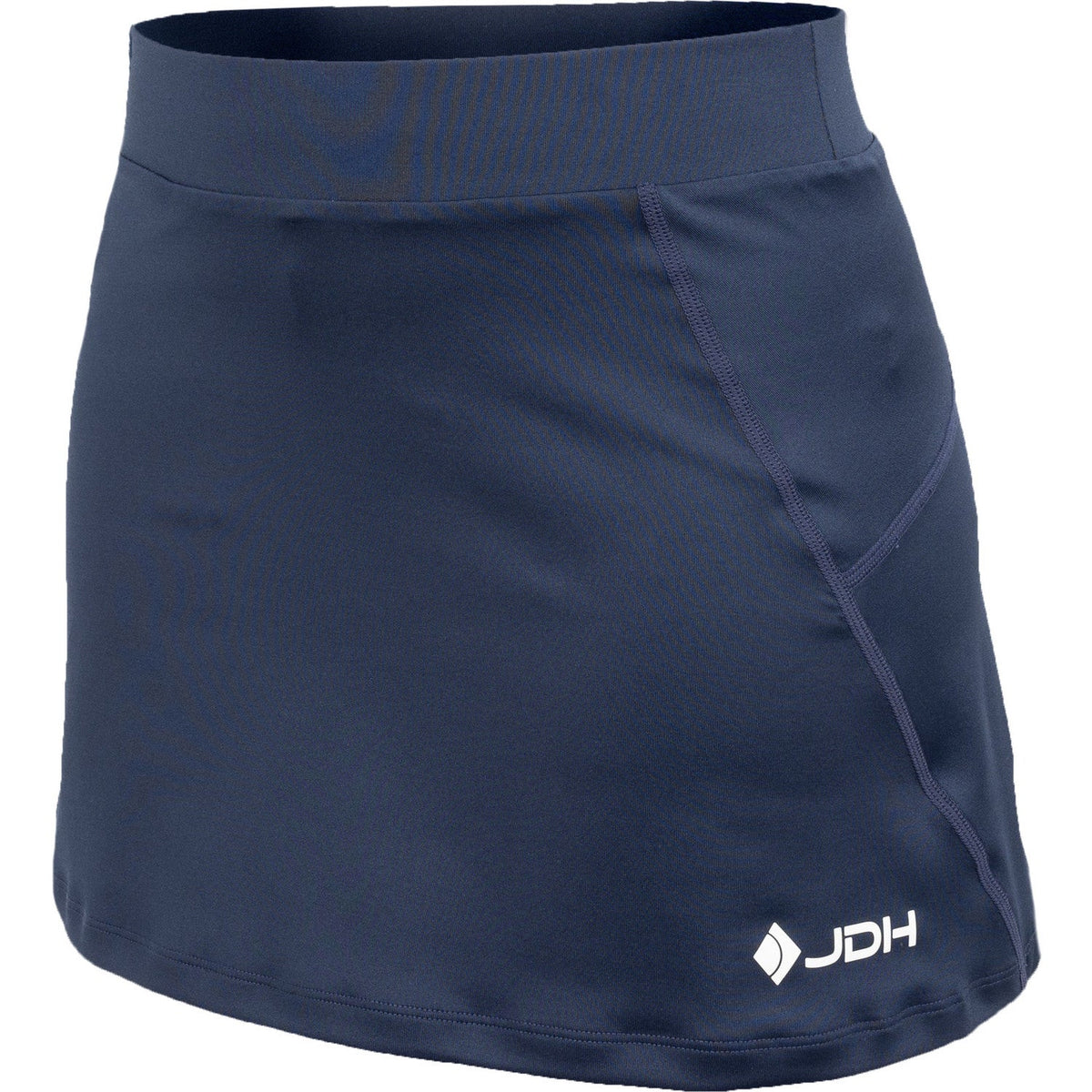 Schuin vooraanzicht van de donkerblauwe Carbon Pro damesrok met wit JDH logo