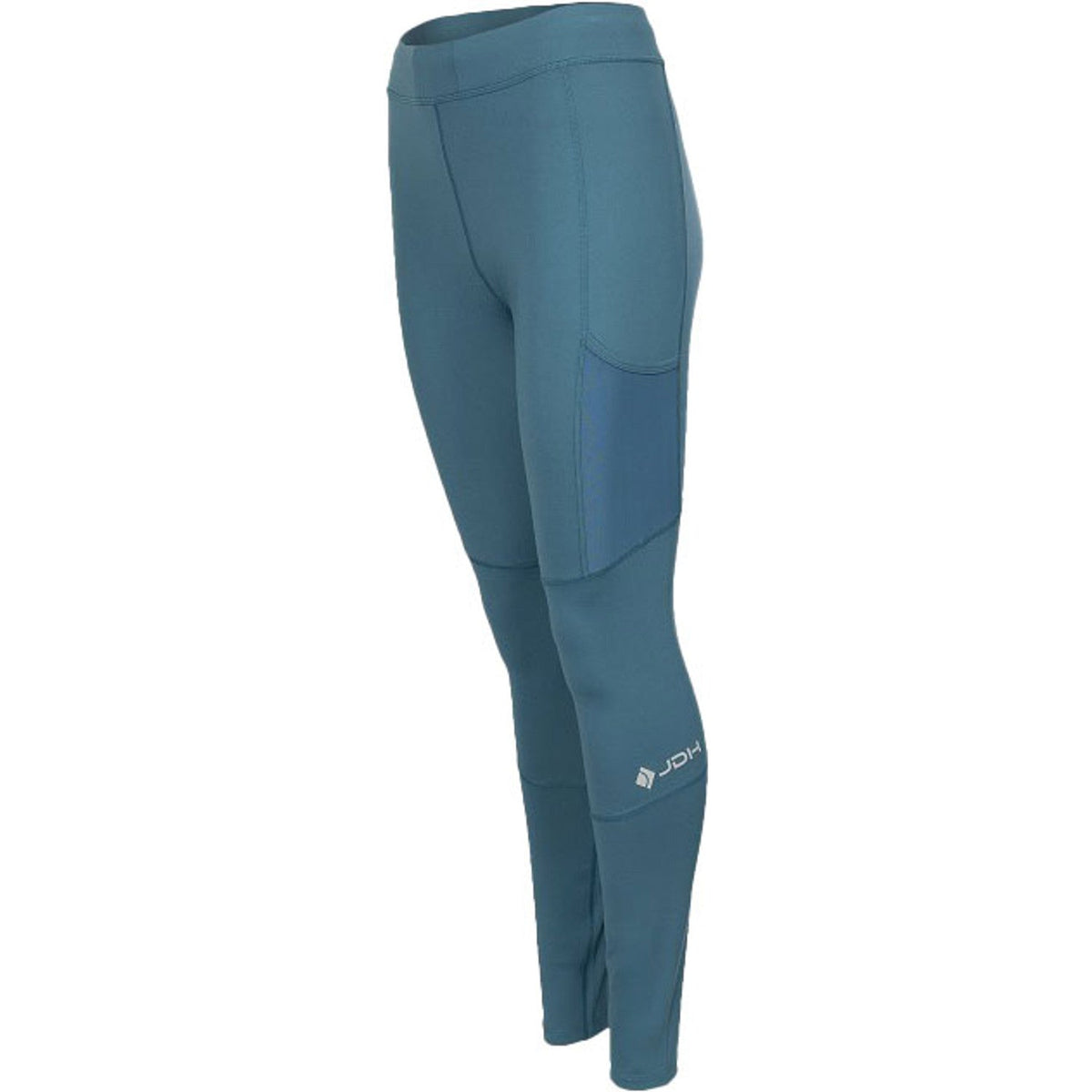 Schuin achteraanzicht van de blauwgroene Carbon Pro damestight met logo op het onderbeen