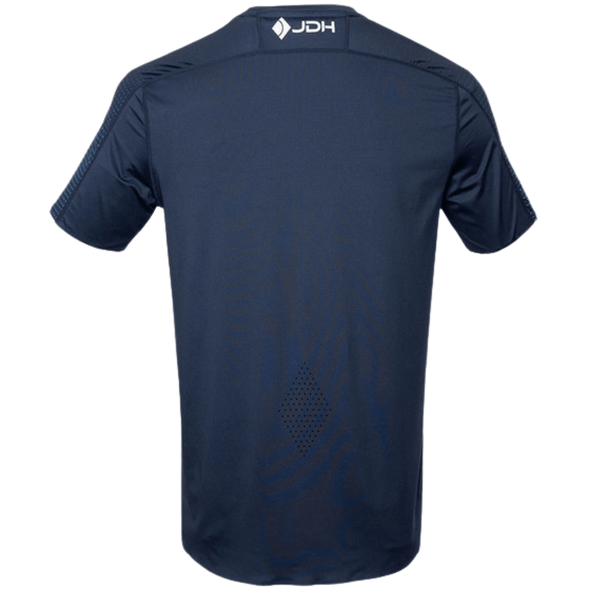 Achteraanzicht van het donkerblauwe Graphic T-shirt met wit JDH logo in de nek