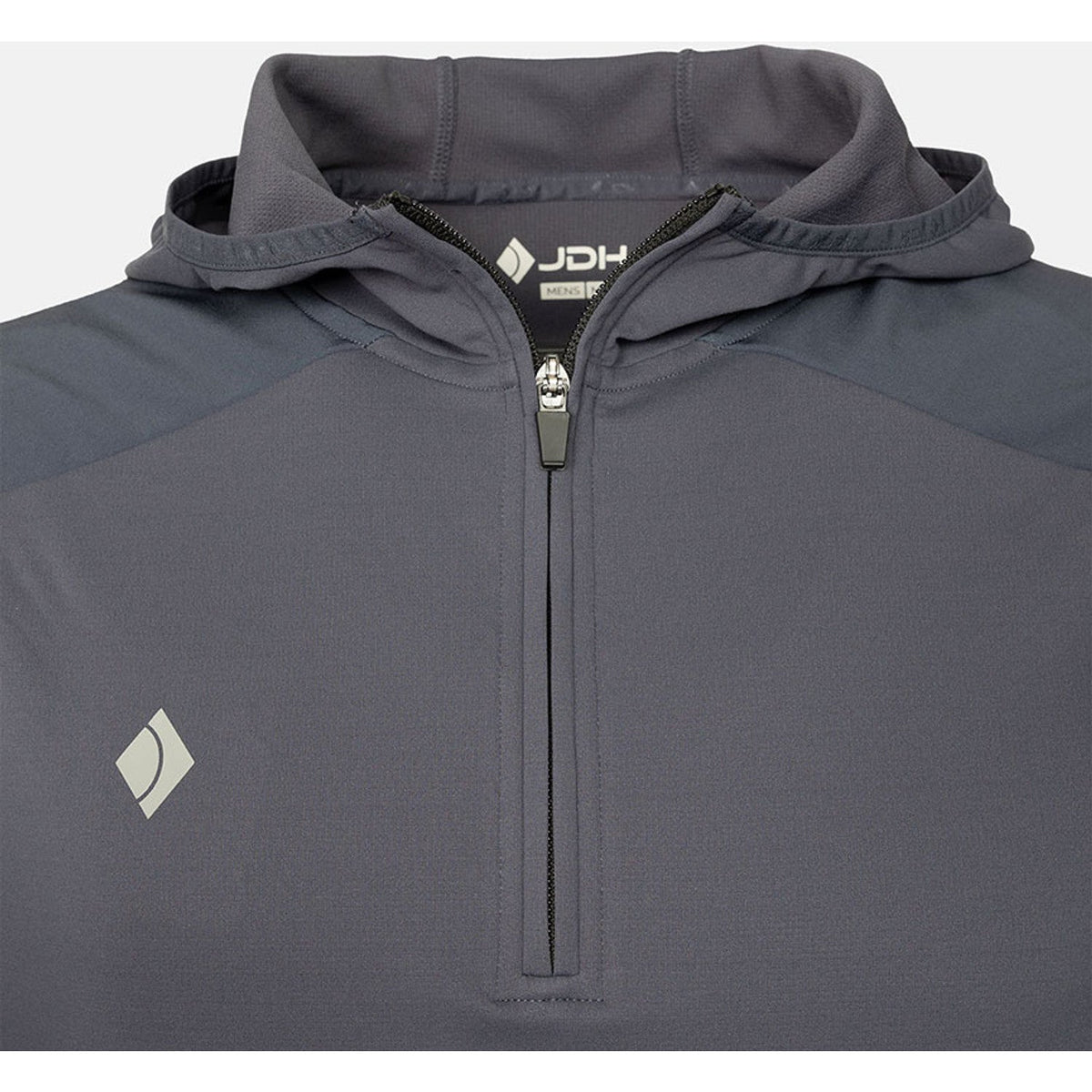 Detail van de grijze capuchon met korte rits en JDH label van de Hooded Midlayer