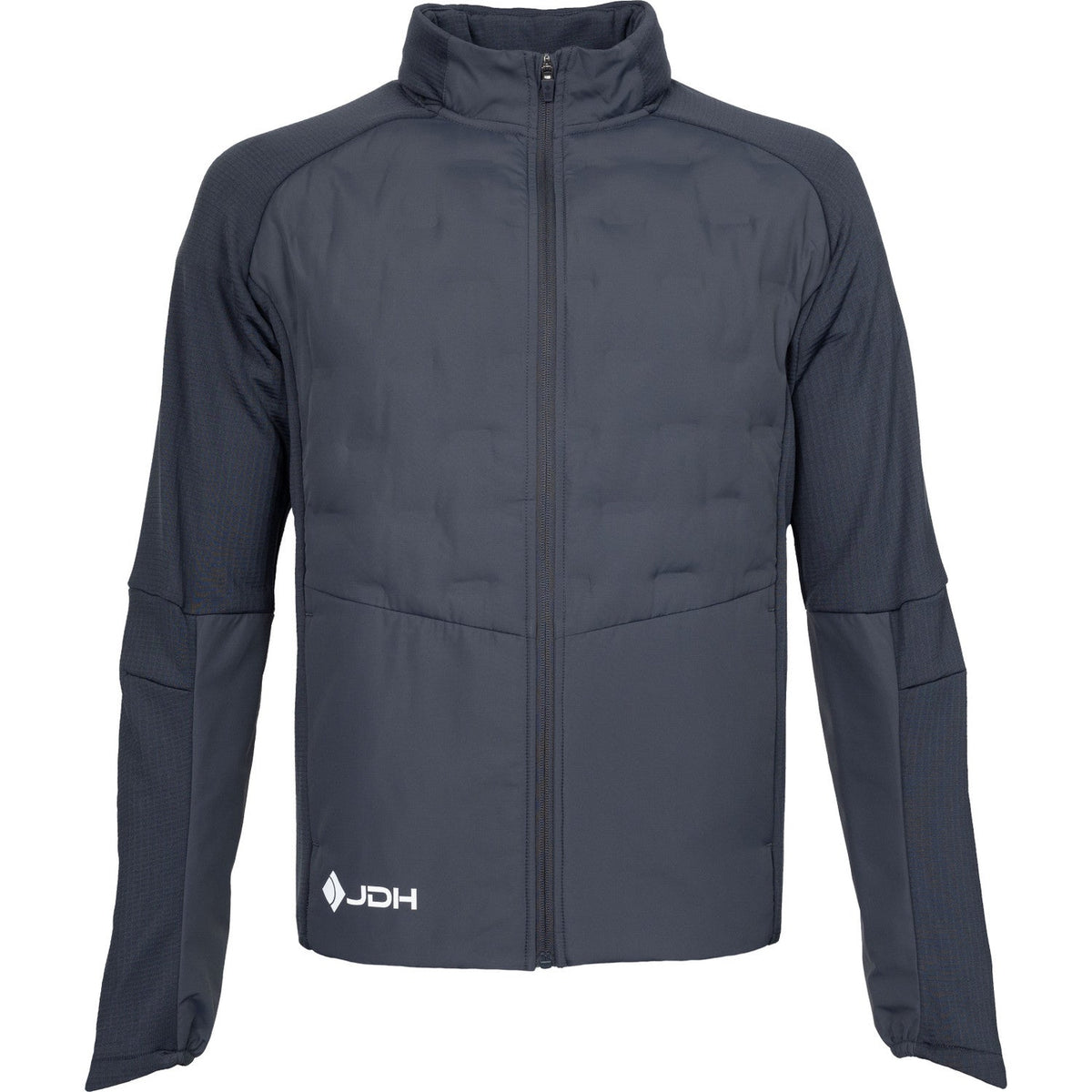 Vooraanzicht van het donkergrijze JDH Hybrid Padded jack met rits en logo onderaan