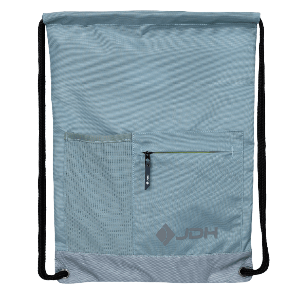 Platte achterkant van de lichtblauwe JDH Hydrogen gym sack met ritsvak en koordsluiting