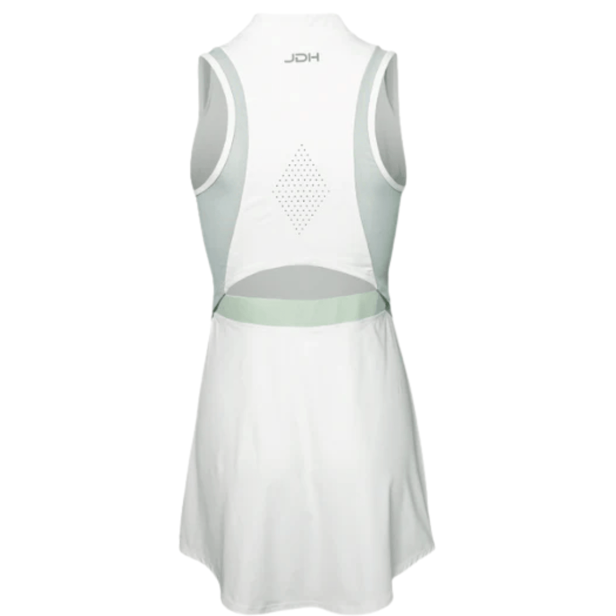Achteraanzicht van de witte Performance jurk met open rug en mintgroene binnenshort