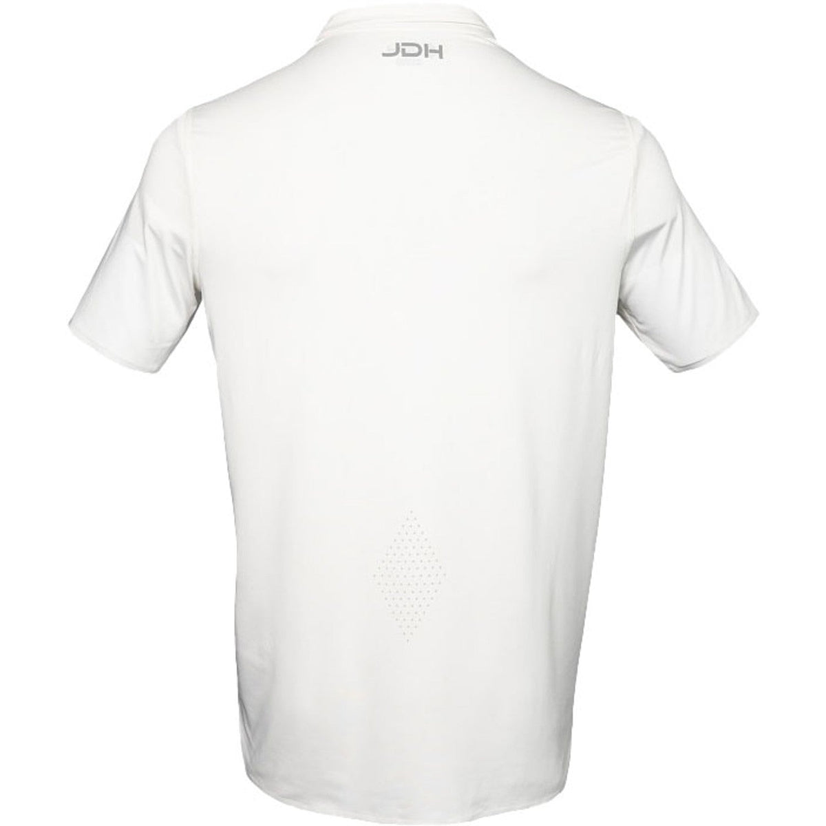 Achterkant van de witte JDH Performance Polo met JDH-opdruk onder de kraag