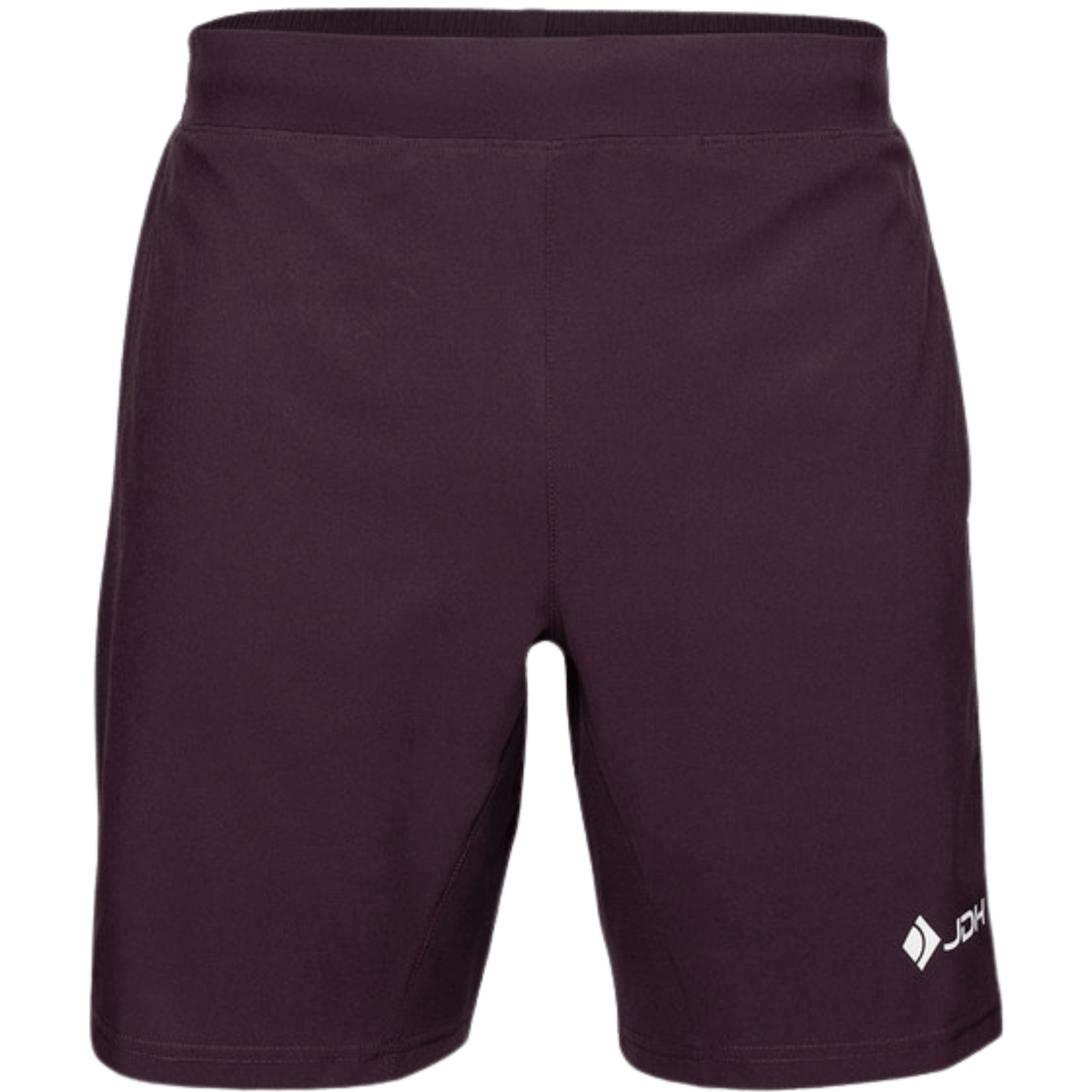 Vooraanzicht van de bordeauxrode JDH Performance Short met wit JDH-logo op de pijp