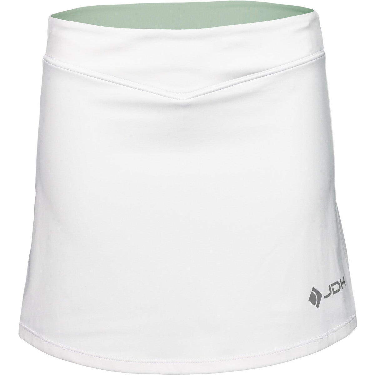 Vooraanzicht van de witte JDH Performance Skirt met mintgroene tailleband en grijs logo