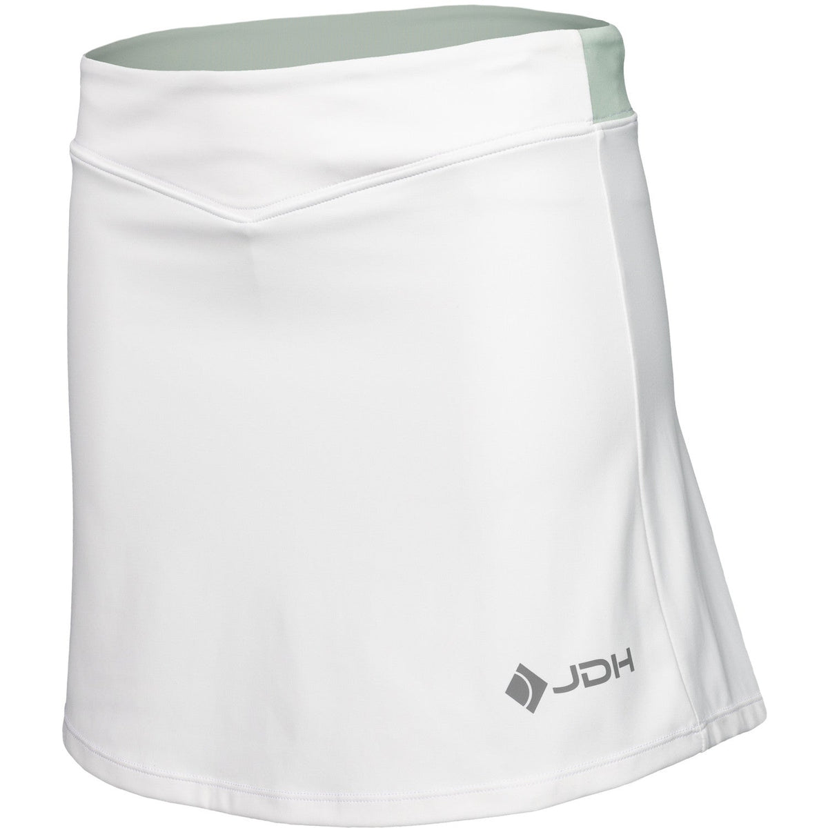 Zijaanzicht van de witte JDH Performance Skirt met JDH-logo op de voorpand en zijsplit