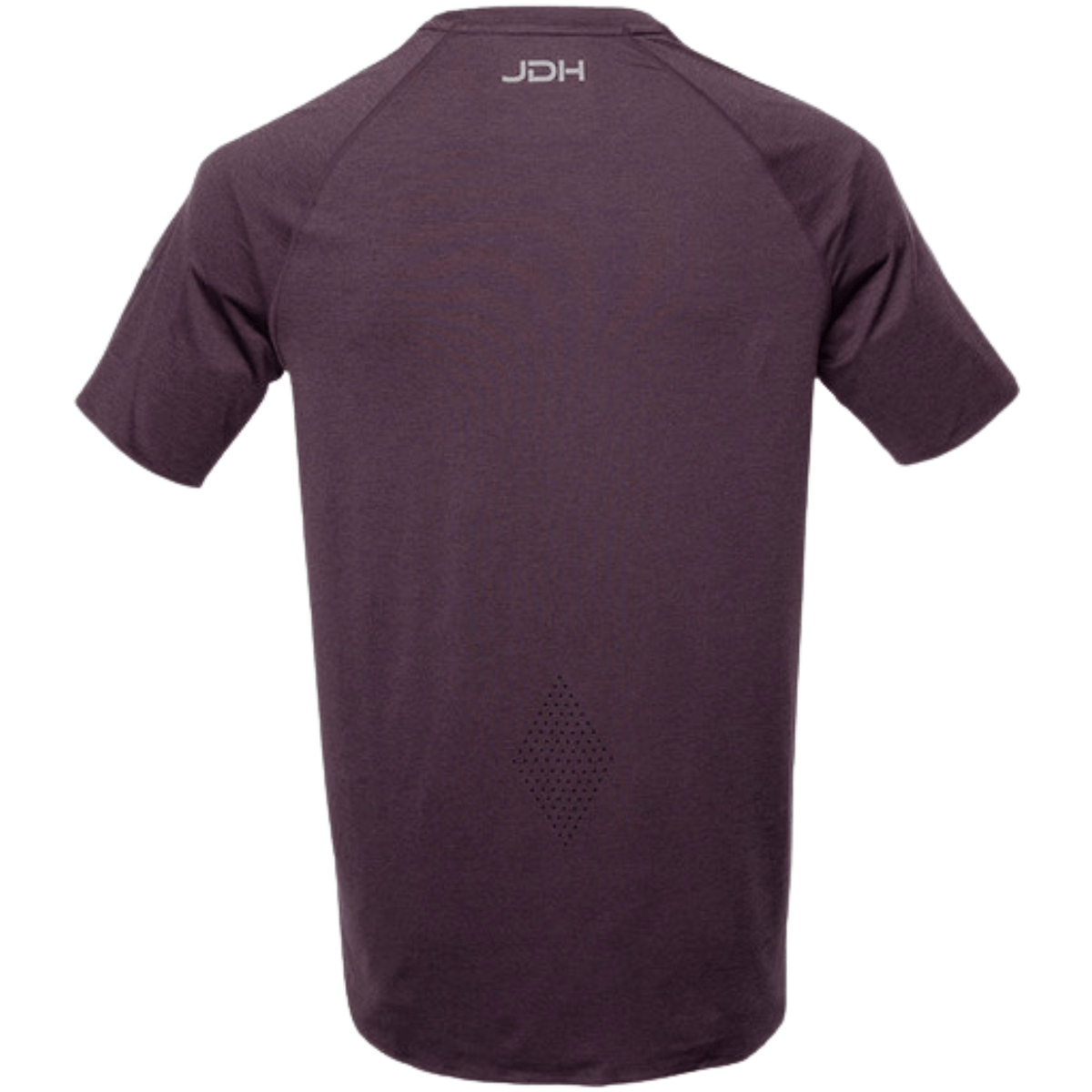 Achterkant van het aubergine JDH Performance T-Shirt met JDH-logo hoog op het rugpand