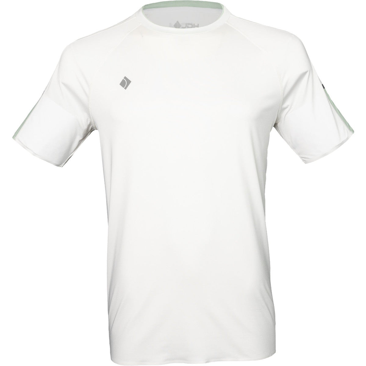 Vooraanzicht van het witte JDH Performance T-Shirt met grijs ruitlogo op de linkerborst