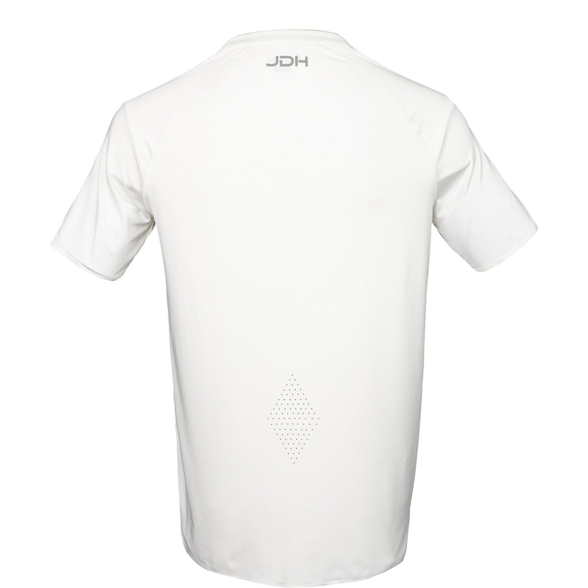 Achterkant van het witte JDH Performance T-Shirt met fijne ruitstructuur in het rugpand
