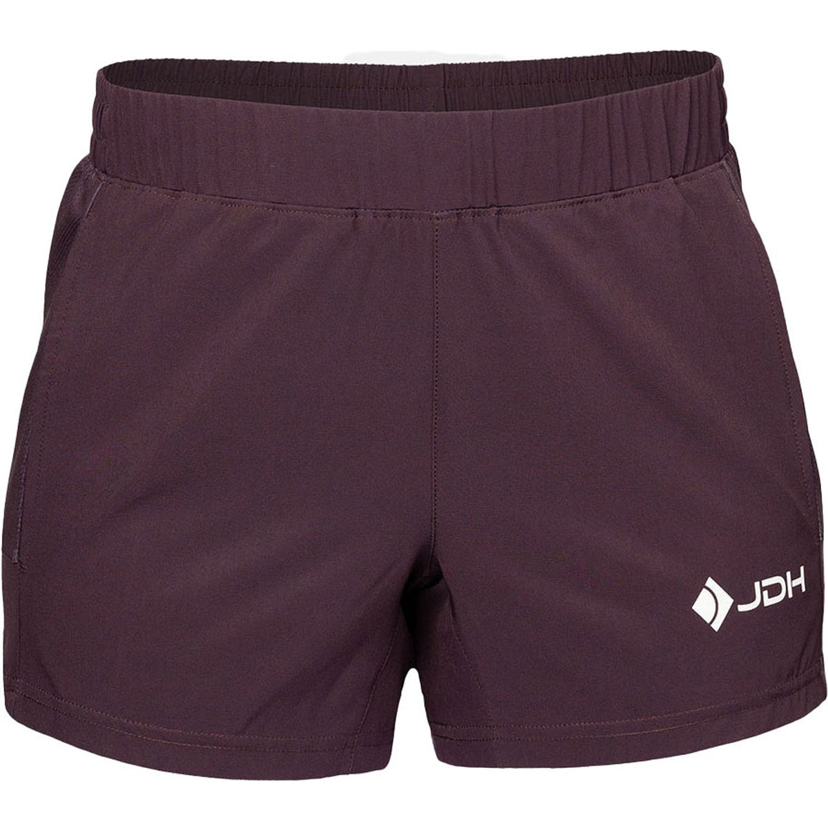 JDH Performance short voor dames in aubergine, vooraanzicht met JDH-logo
