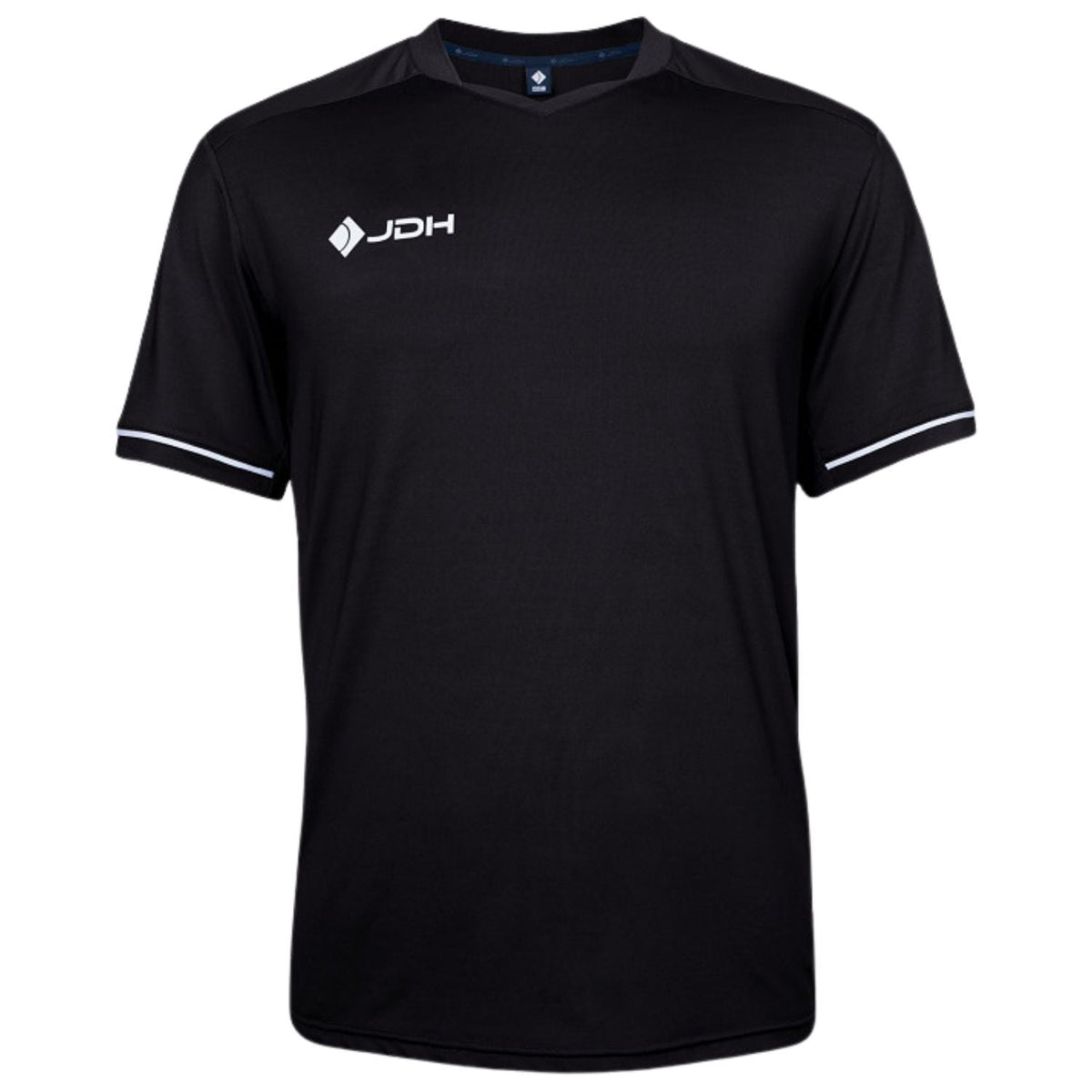 Vooraanzicht van het zwarte JDH Pro Tech T-shirt voor heren met V-hals en witte mouwbies