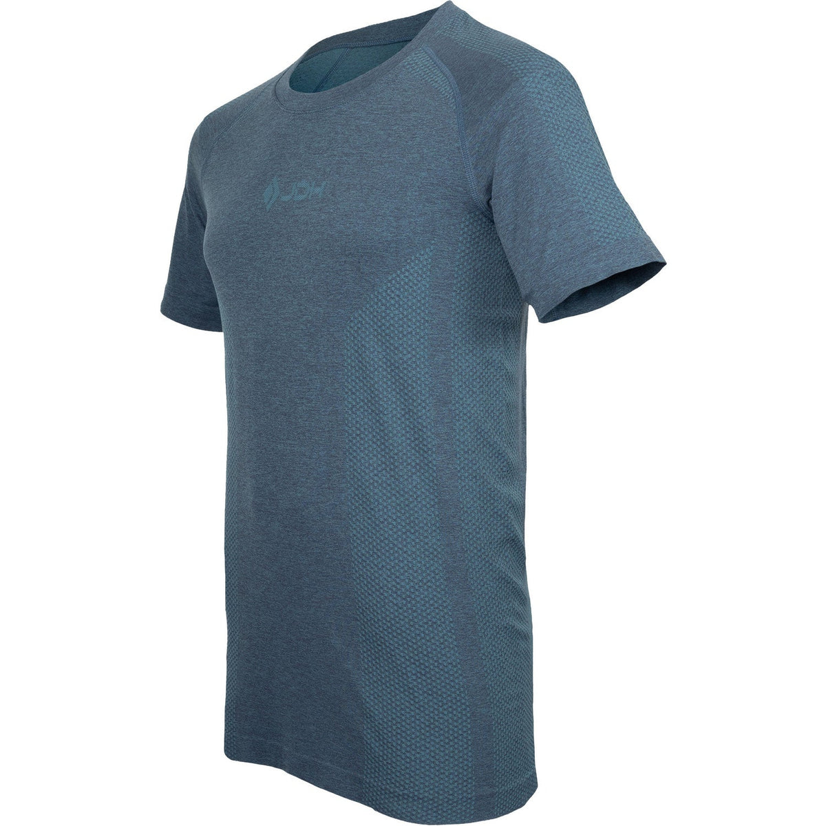 Driekwart aanzicht van het blauwe JDH Seamless shirt met korte mouwen en ronde hals