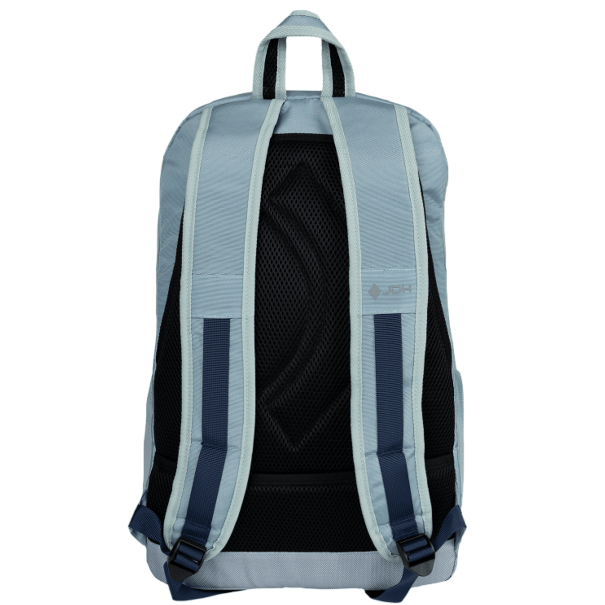Achterzijde van de JDH Sports 30L backpack met lichtblauwe en donkerblauwe rugbanden