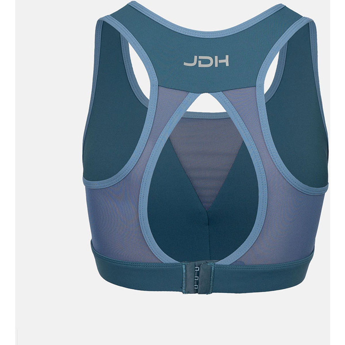 Achterkant van de petrolblauwe JDH Sports Bra met racerback en JDH-opdruk