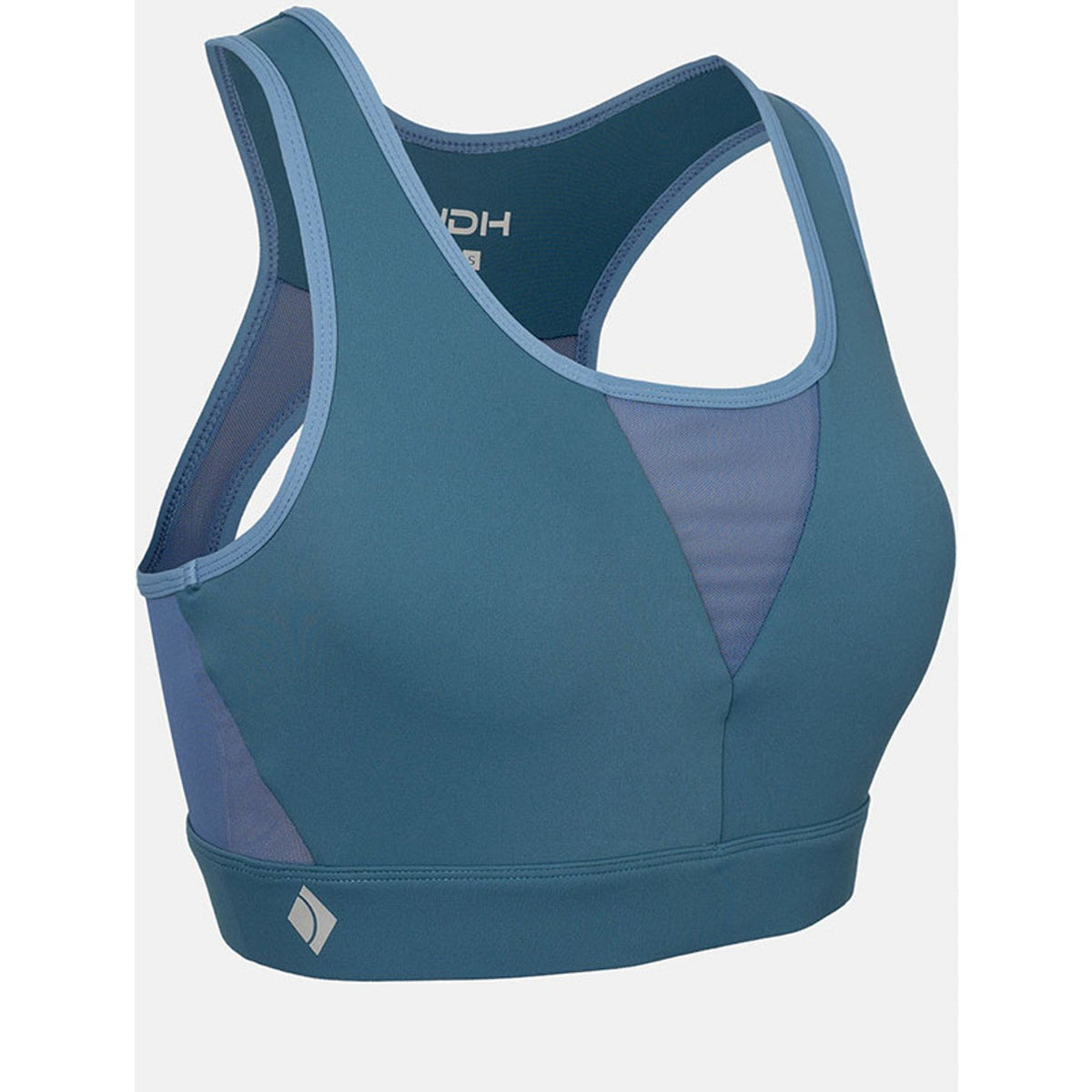Schuin achteraanzicht van de petrolblauwe JDH Sports Bra met mesh in het zijpand