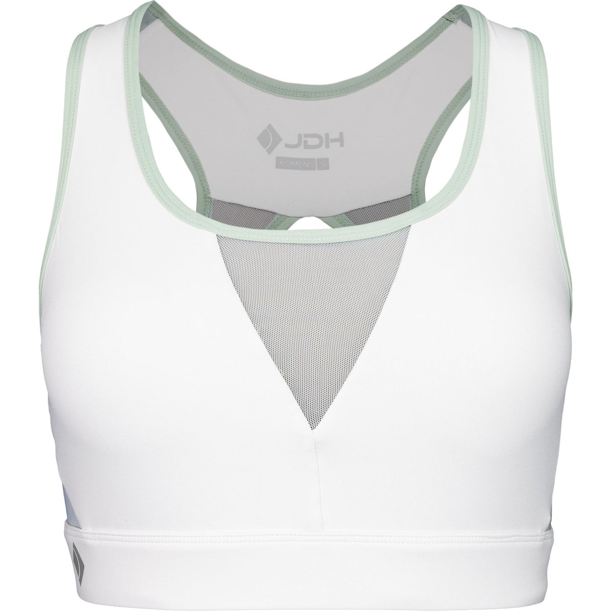 Vooraanzicht van de witte JDH Sports Bra met mintgroene bies en grijze meshinzet