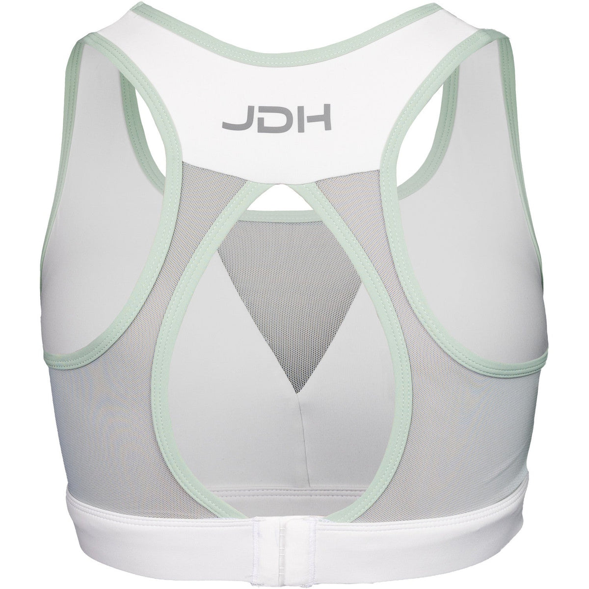 Achterkant van de witte JDH Sports Bra met racerback en grijze JDH-opdruk