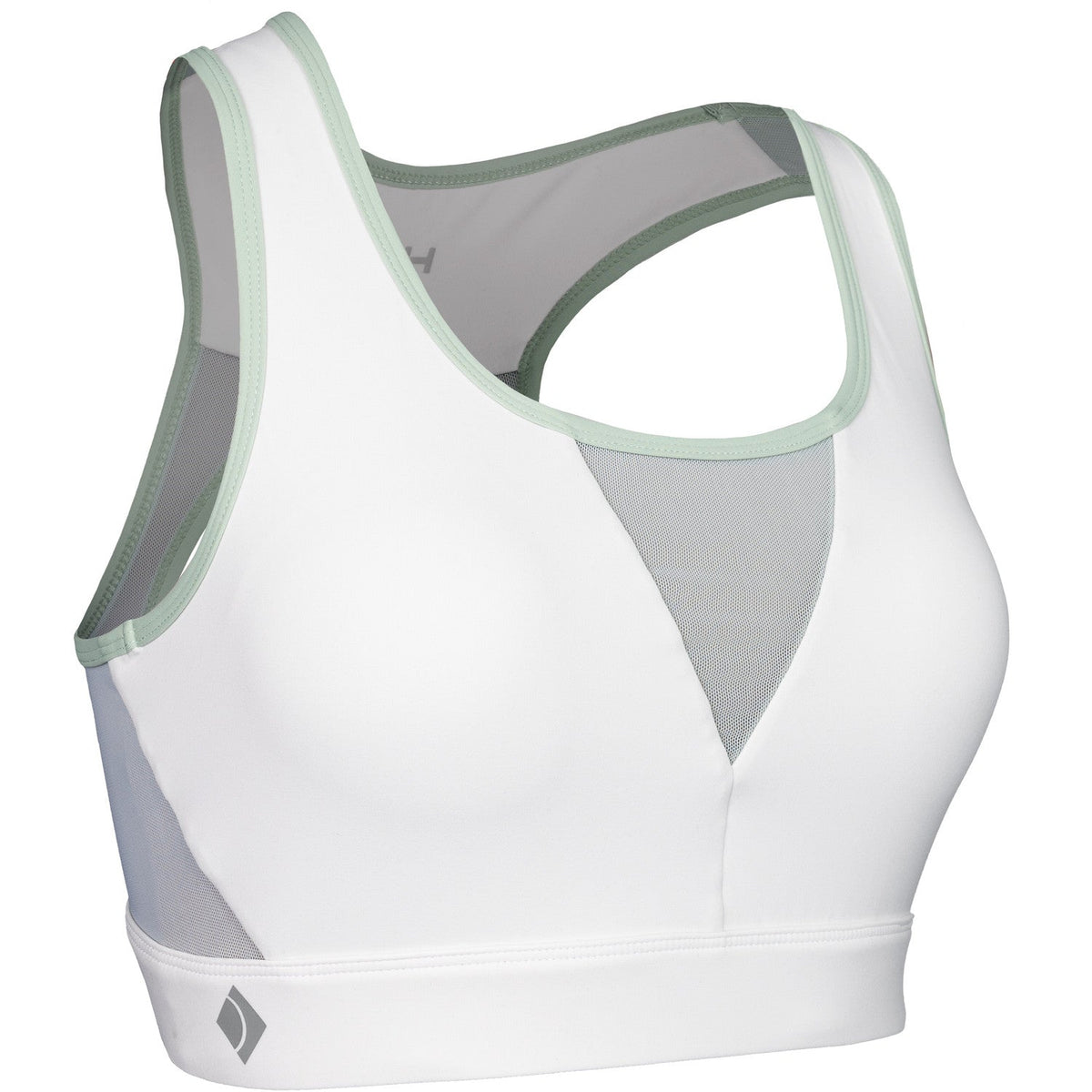 Schuin vooraanzicht van de witte JDH Sports Bra met mintgroene randen en zijmesh