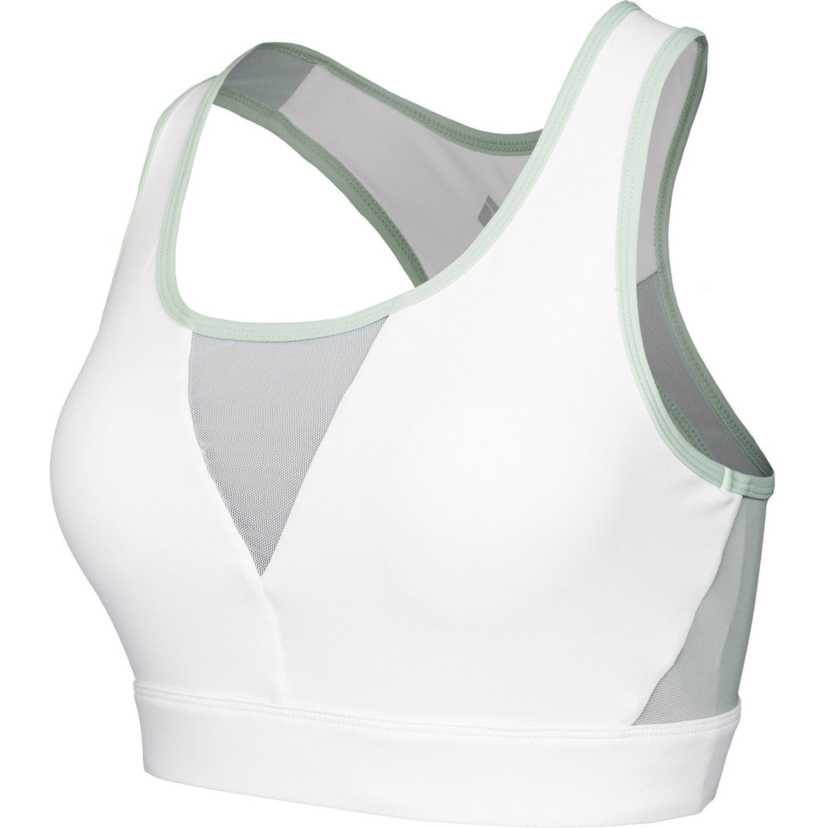 Schuin achteraanzicht van de witte JDH Sports Bra met mesh tussen de schouderbanden