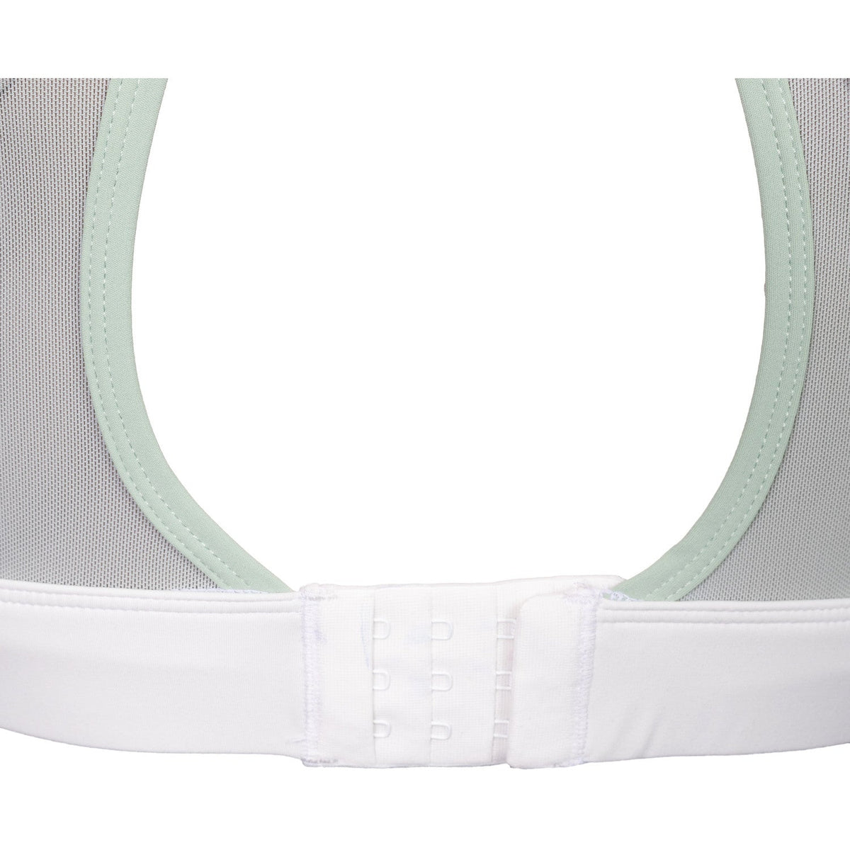 Detail van de sluiting met haakjes op de rug van de witte JDH Sports Bra
