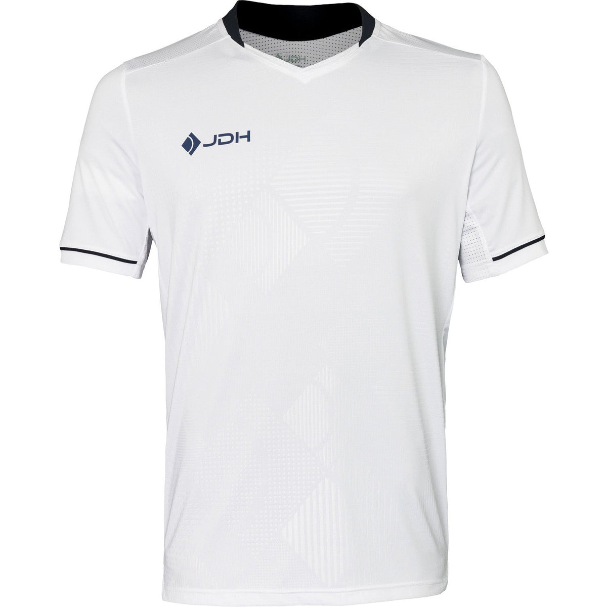 Vooraanzicht van het witte JDH T-Shirt Carbon Pro met donkerblauwe hals en mouwbies