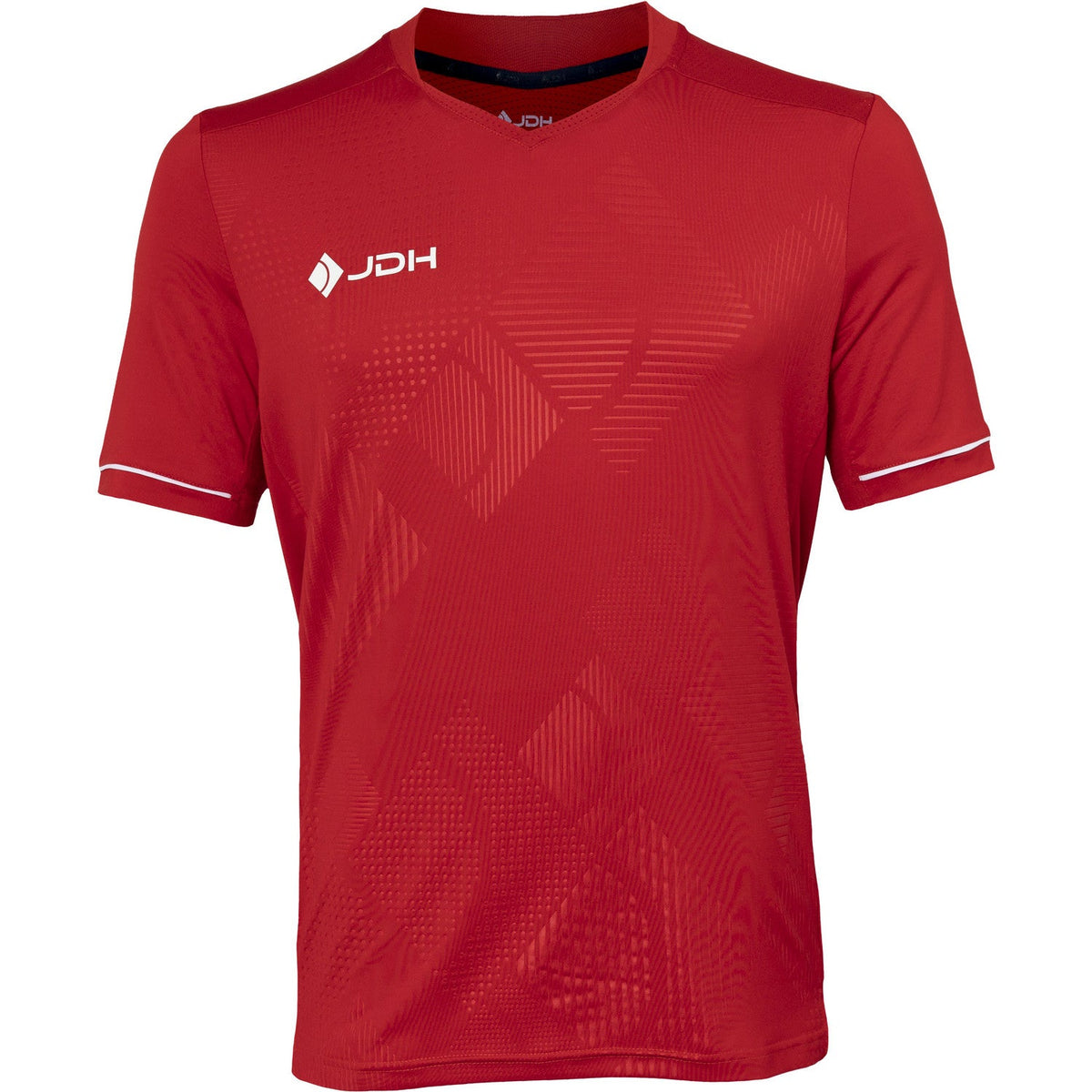 Vooraanzicht van het rode JDH T-Shirt Carbon Pro met wit JDH-logo en witte mouwbies