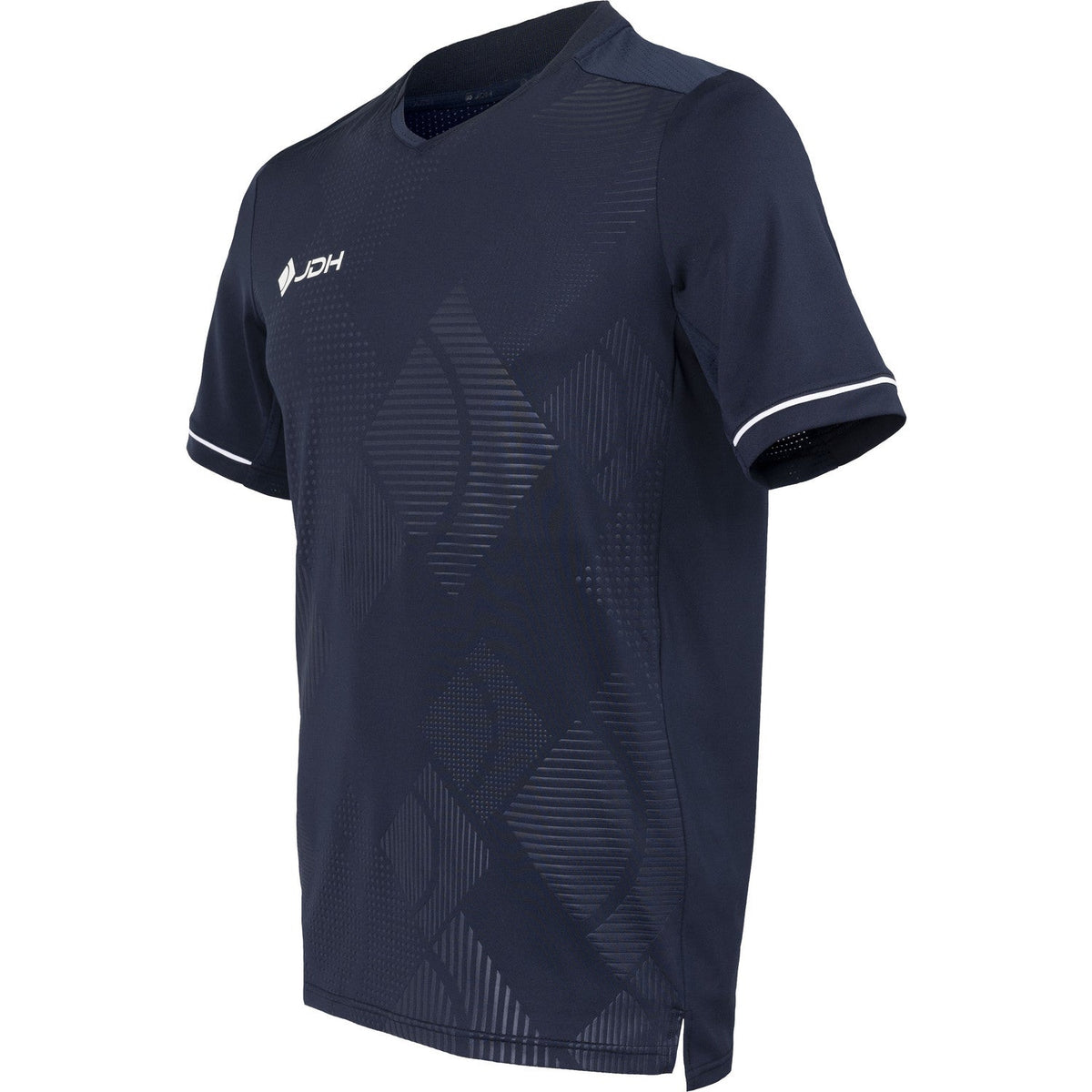 Schuin vooraanzicht van het donkerblauwe JDH T-Shirt Carbon Pro met stippenprint