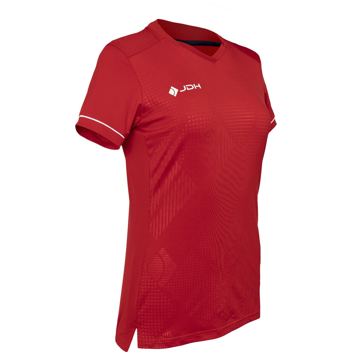Zijaanzicht van het rode JDH Carbon W Pro T-shirt met split in de zoom