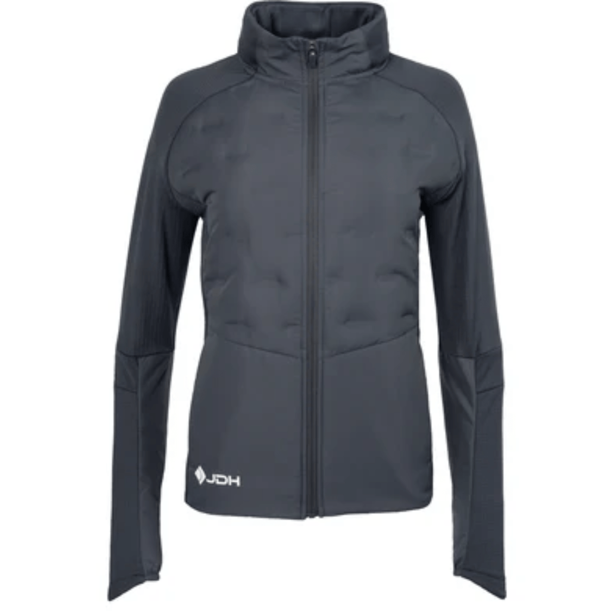 Vooraanzicht van het donkergrijze JDH W Hybrid Padded Jacket Ink met rits en opstaande kraag