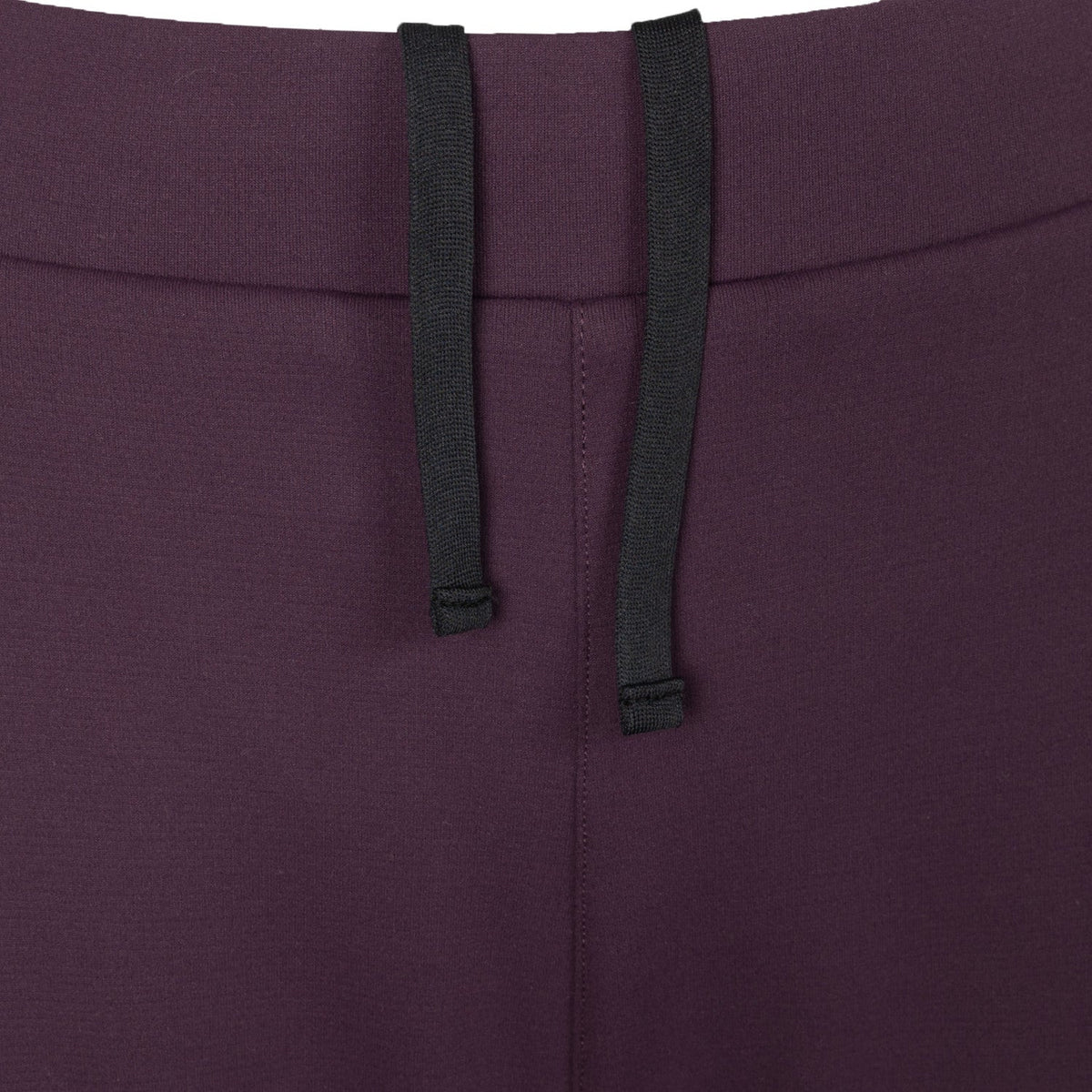 Detail van de tailleband met zwarte trekkoorden van de aubergine JDH W Performance Pant