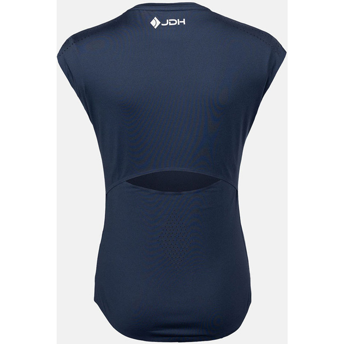 Achterkant van het donkerblauwe JDH W Performance T-Shirt met open split in de rug