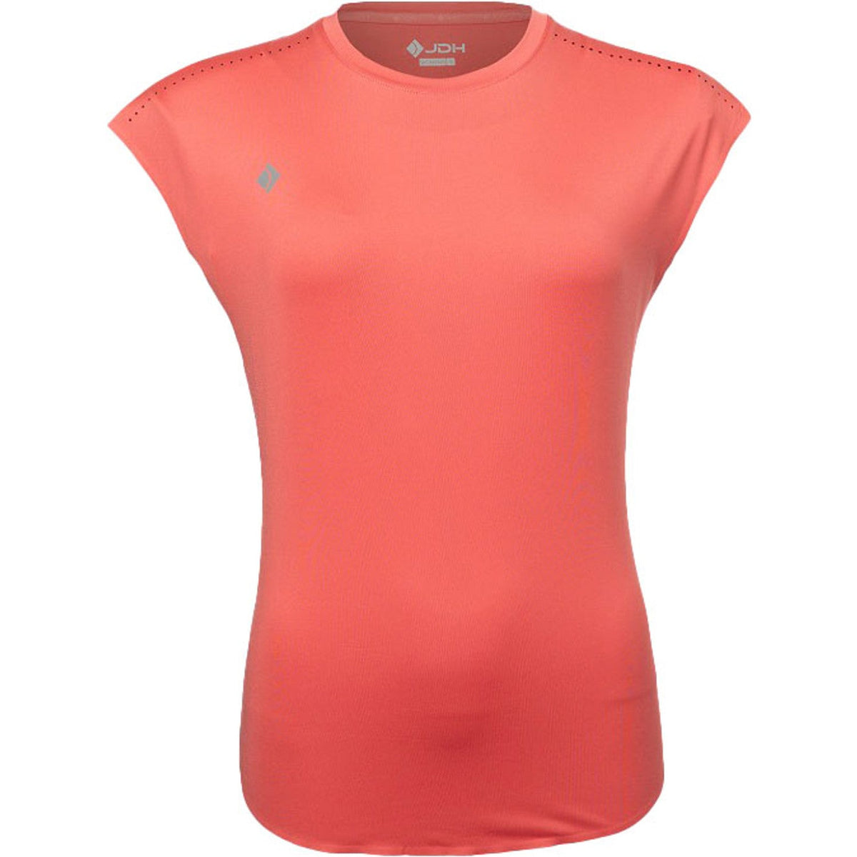 Vooraanzicht van het koraalrode JDH W Performance T-Shirt met kapmouwtjes en ronde hals