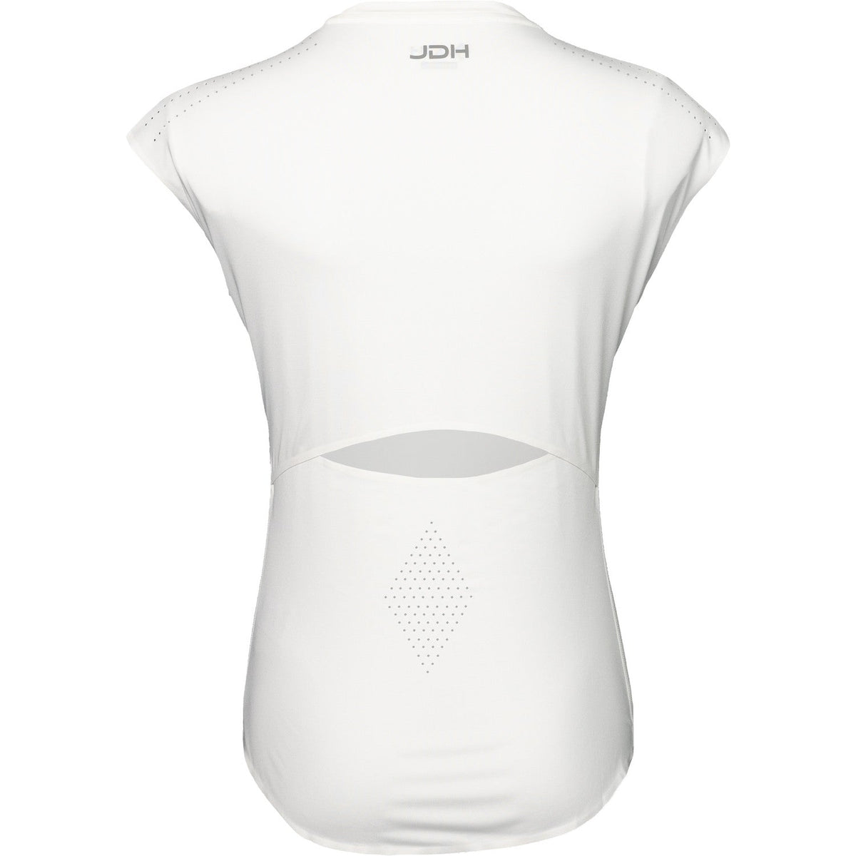 Achterkant van het witte JDH W Performance T-Shirt met open split in het rugpand
