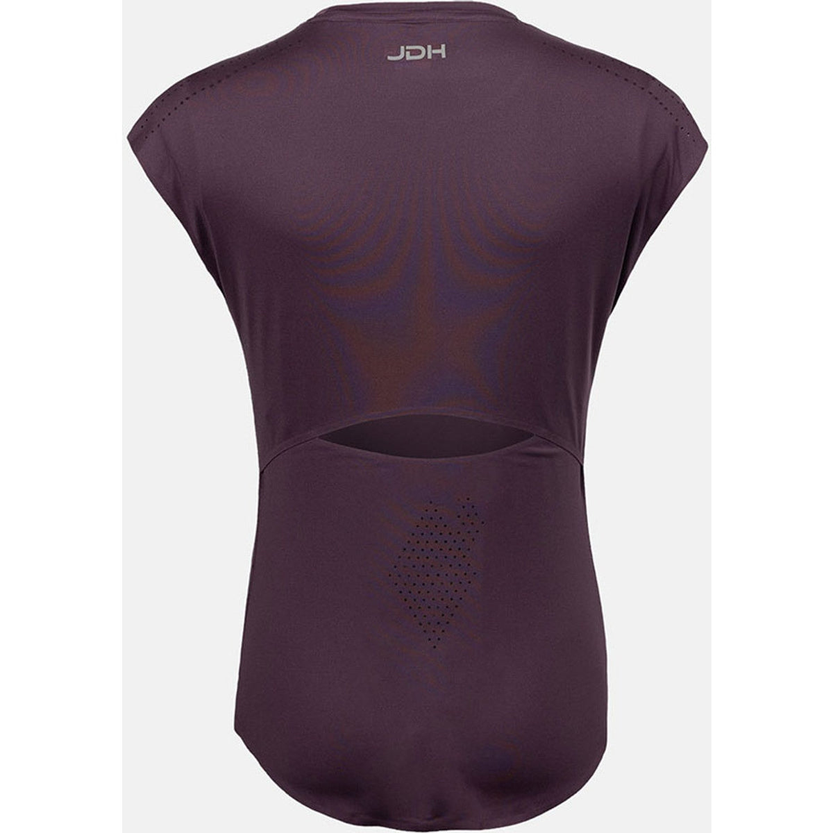 Achterkant van het aubergine JDH W Performance T-Shirt met open rugsplit en perforaties