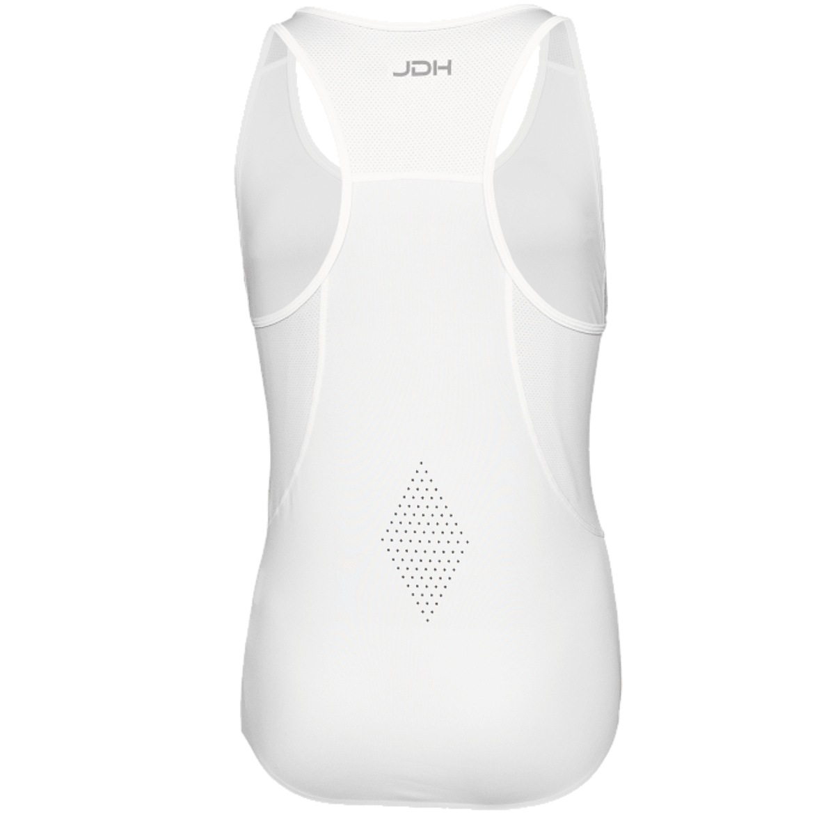 Achterzijde van de witte JDH Performance tanktop met racerback en meshpaneel