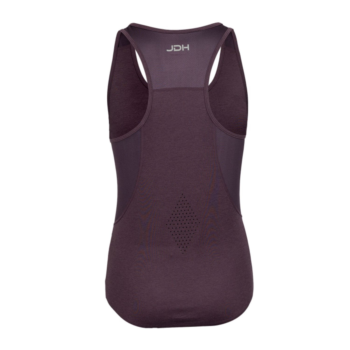 Achterzijde van de aubergine JDH Performance tanktop met racerback en meshpaneel