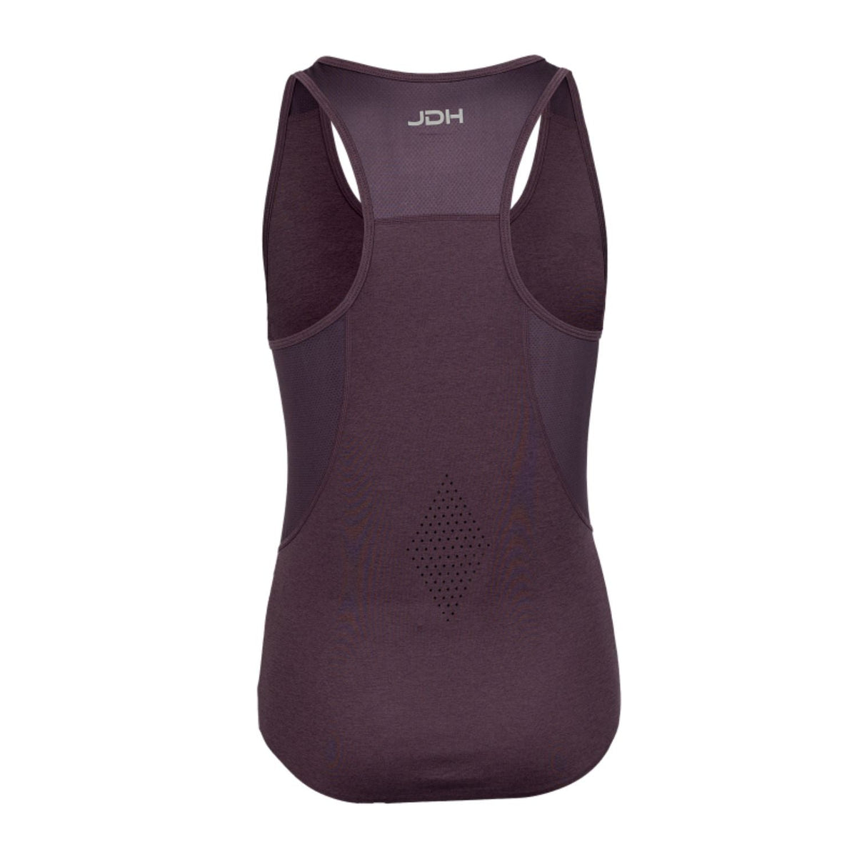 Achterzijde van de aubergine JDH Performance tanktop met racerback en meshpaneel