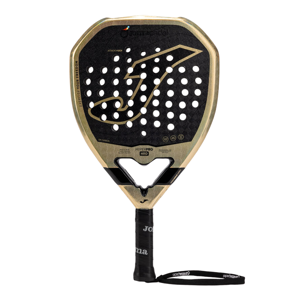 Joma Hyper Pro Hrd 2026 padelracket in goud met zwart, vooraanzicht met polsband