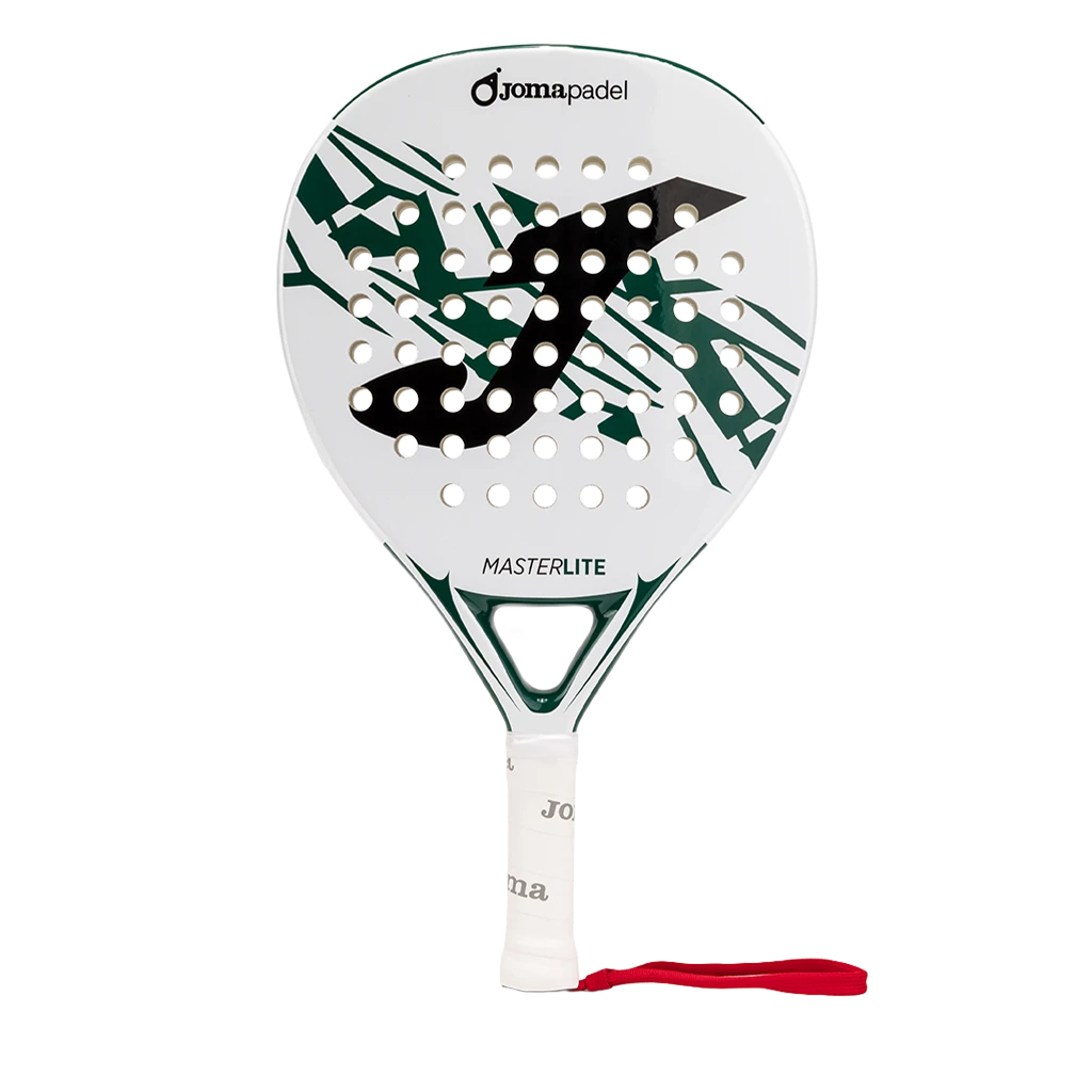 Joma Master 2026 padelracket in wit met donkergroen, vooraanzicht met rode polsband