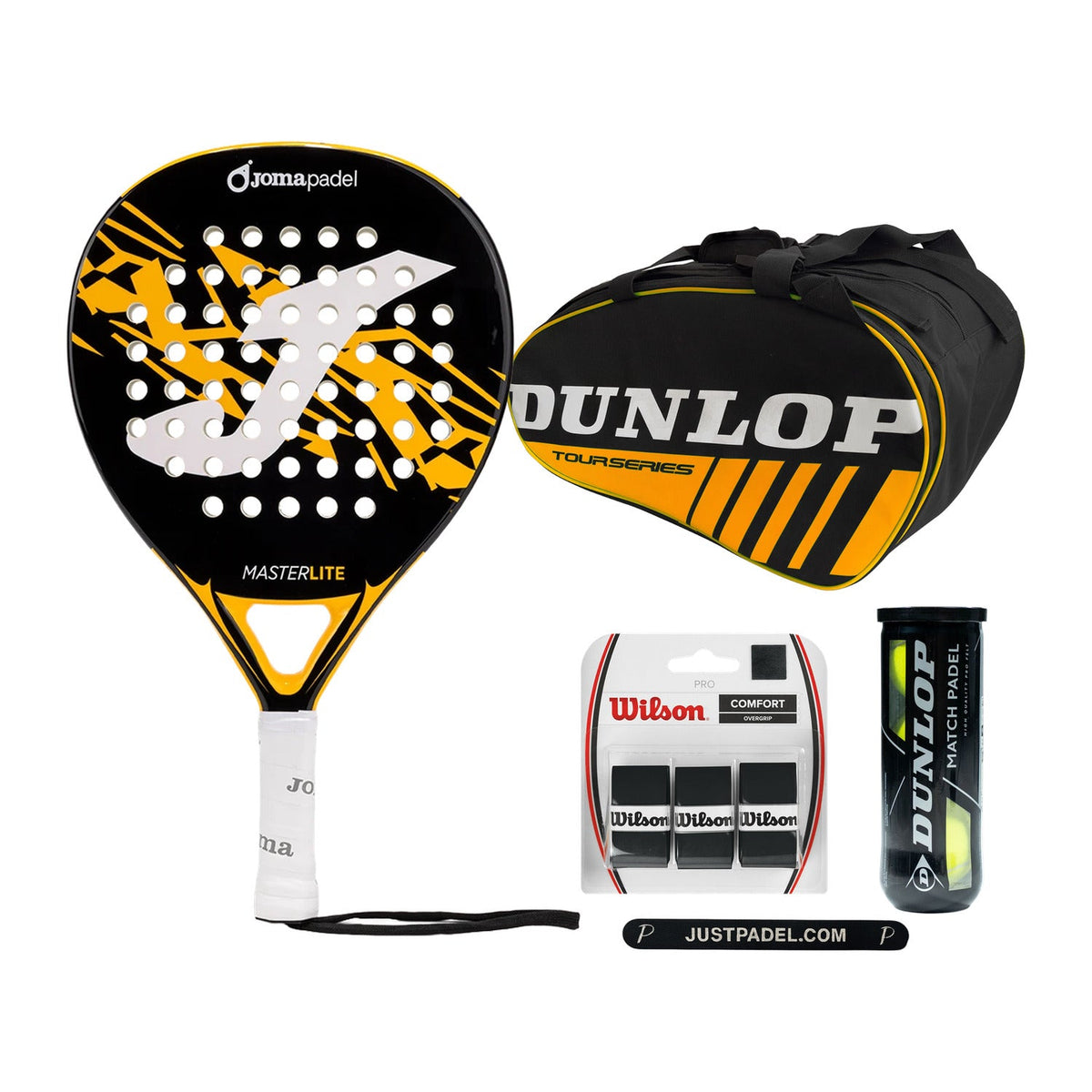 Joma Master Black Complete Beginner Bundle: Joma Master 2026 Black padelracket, Dunlop Racketbag Intro Black/Orange, Dunlop Match padelballen, Wilson Pro Overgrips en Justpadel Protector