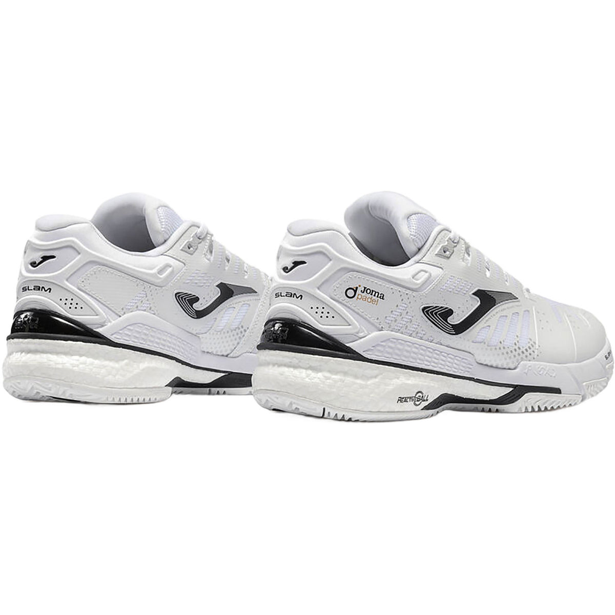 Achterkant van twee witte Joma Slam Classic padelschoenen