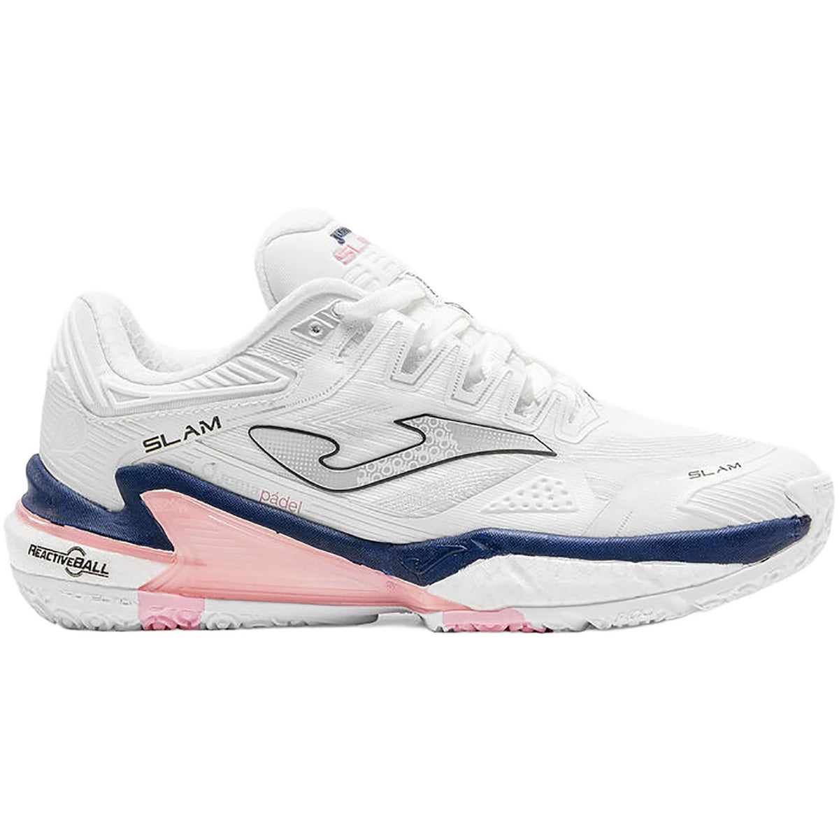 Joma Slam Lady 2026 damespadelschoen in wit met donkerblauw en roze, zijaanzicht