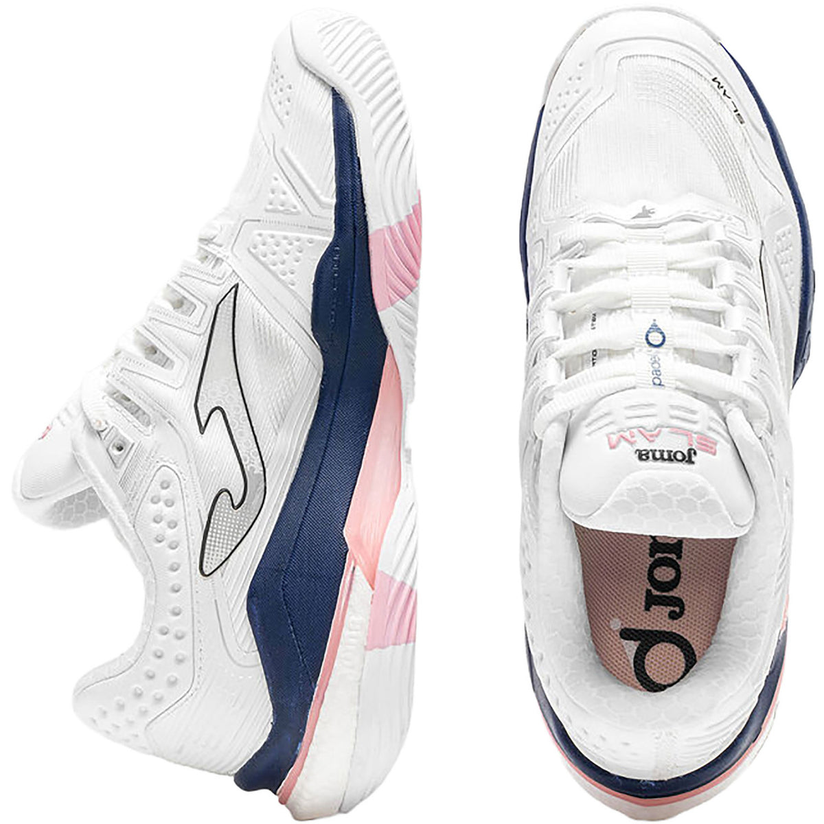 Zij- en bovenaanzicht van de witte Joma Slam Lady 2026 met blauwe details