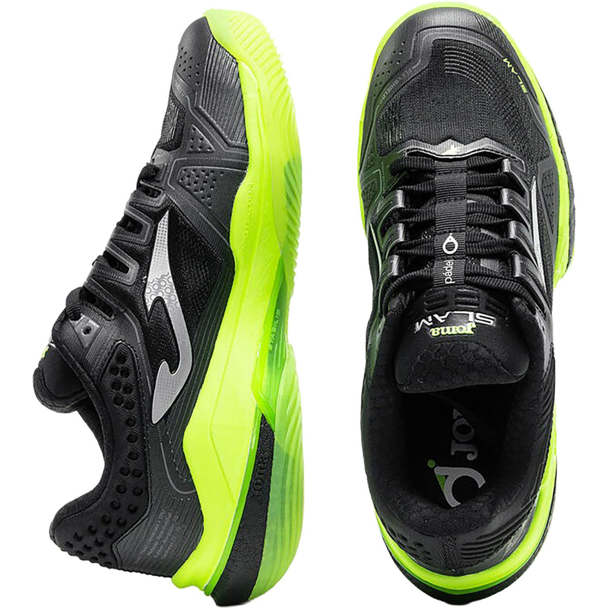 Zij- en bovenaanzicht van de Joma Slam Men 2026 Black in zwart met limegroen
