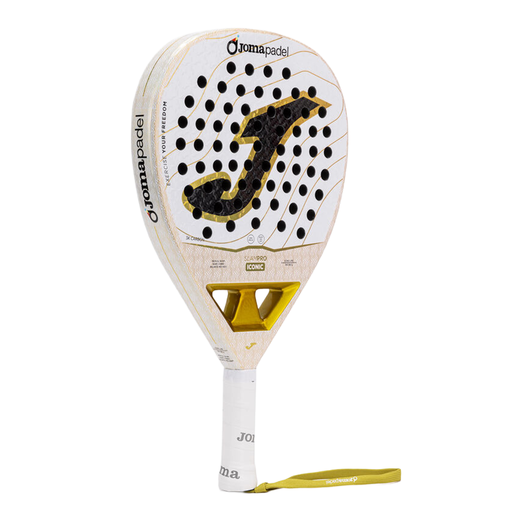 Joma Slam Pro Iconic 2026 padelracket schuin vooraanzicht, druppelvorm in wit