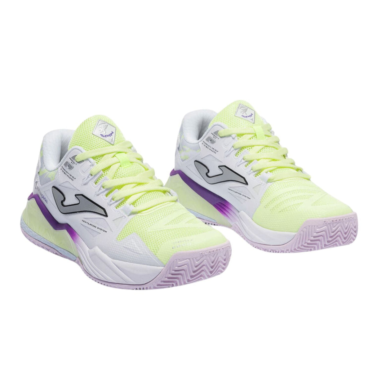 Paar Joma Spin Lady 2026 Yellow damespadelschoenen in wit met neongeel en lila buitenzool