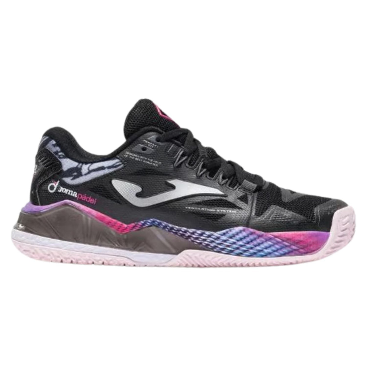 Joma Spin Lady 2026 Black Pink damespadelschoen in zwart met fuchsia en blauw, zijaanzicht buitenkant