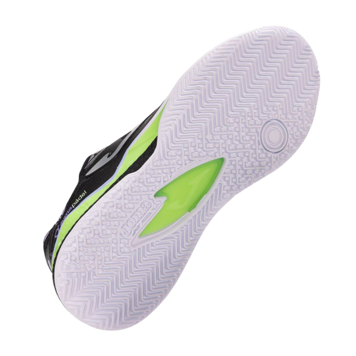 Semelle blanche de la Joma Spin Lady 2026 noire avec une partie centrale vert citron